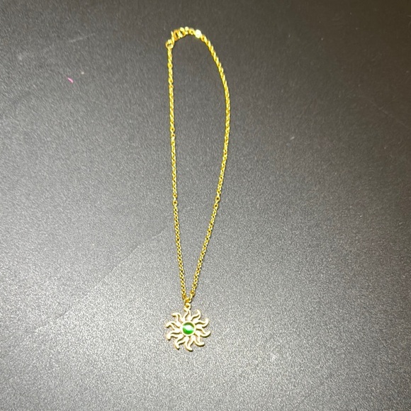 Gold Sun Pendant Necklace with Green Gem - Picture 2 of 3